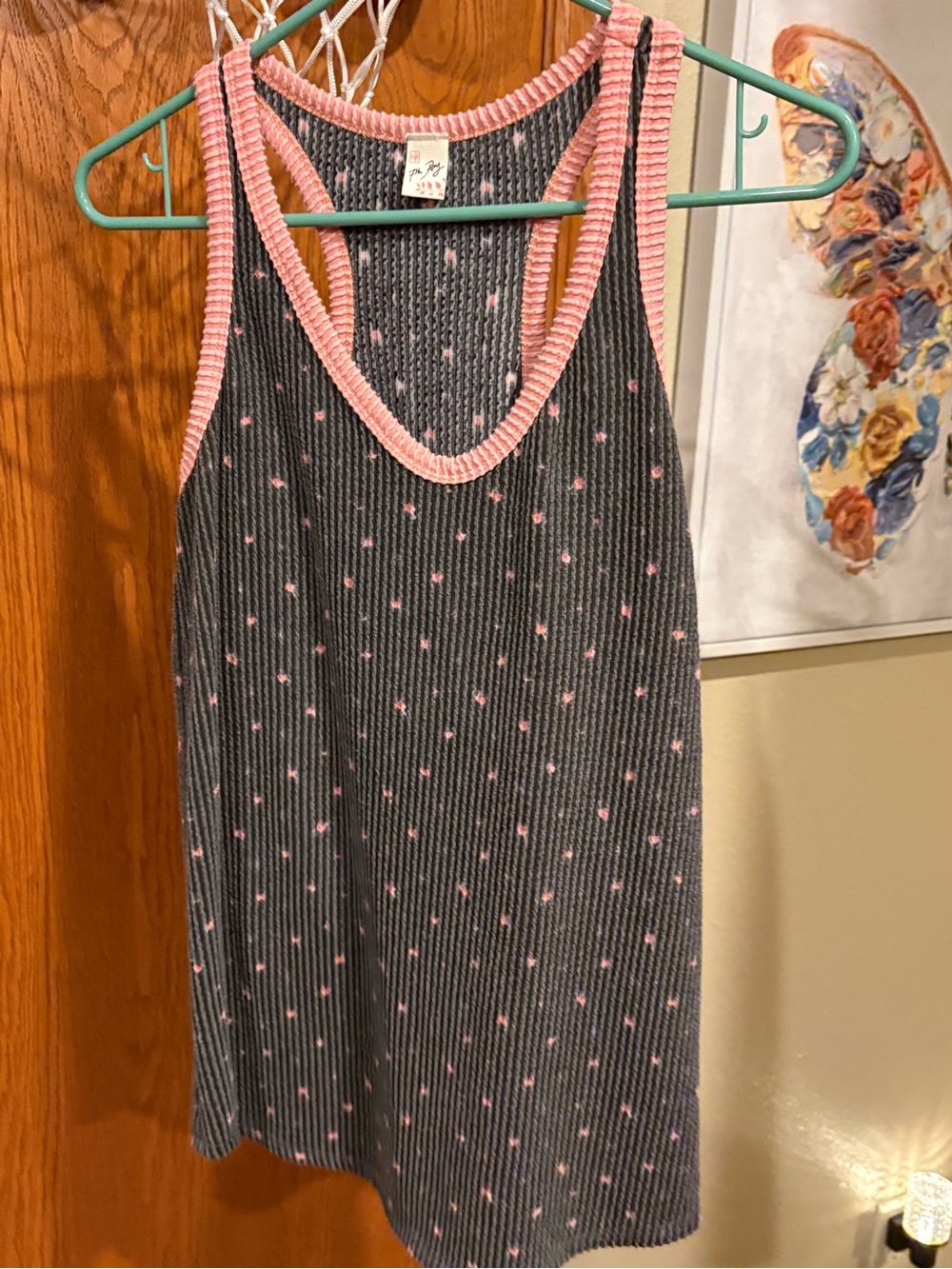 7th Ray Black Ribbed Tank with Pink Trim